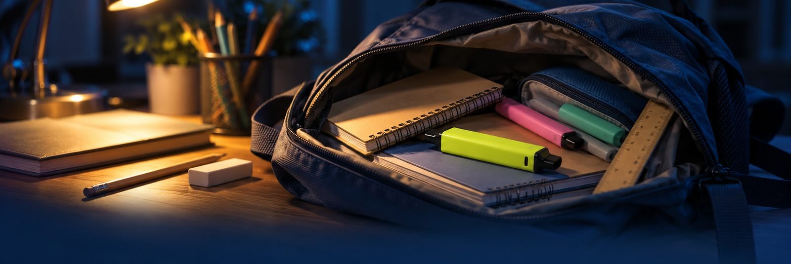 Morral escolar abierto sobre un escritorio, con un vapeador con forma de resaltador entre los útiles